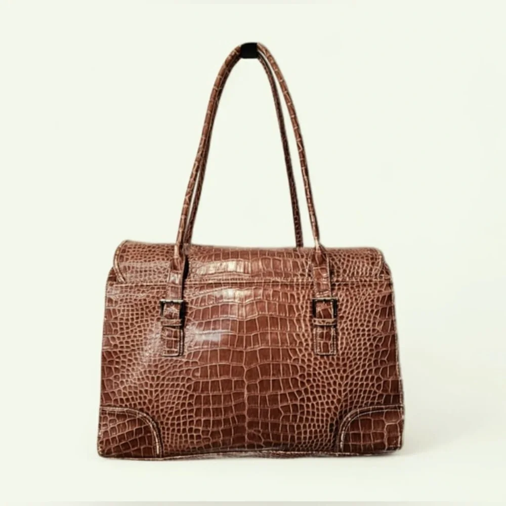 Liz Claiborne Large Brown Croc Embossed Leather Laptop Satchel Purse Tote Bag - Picture 2 of 15